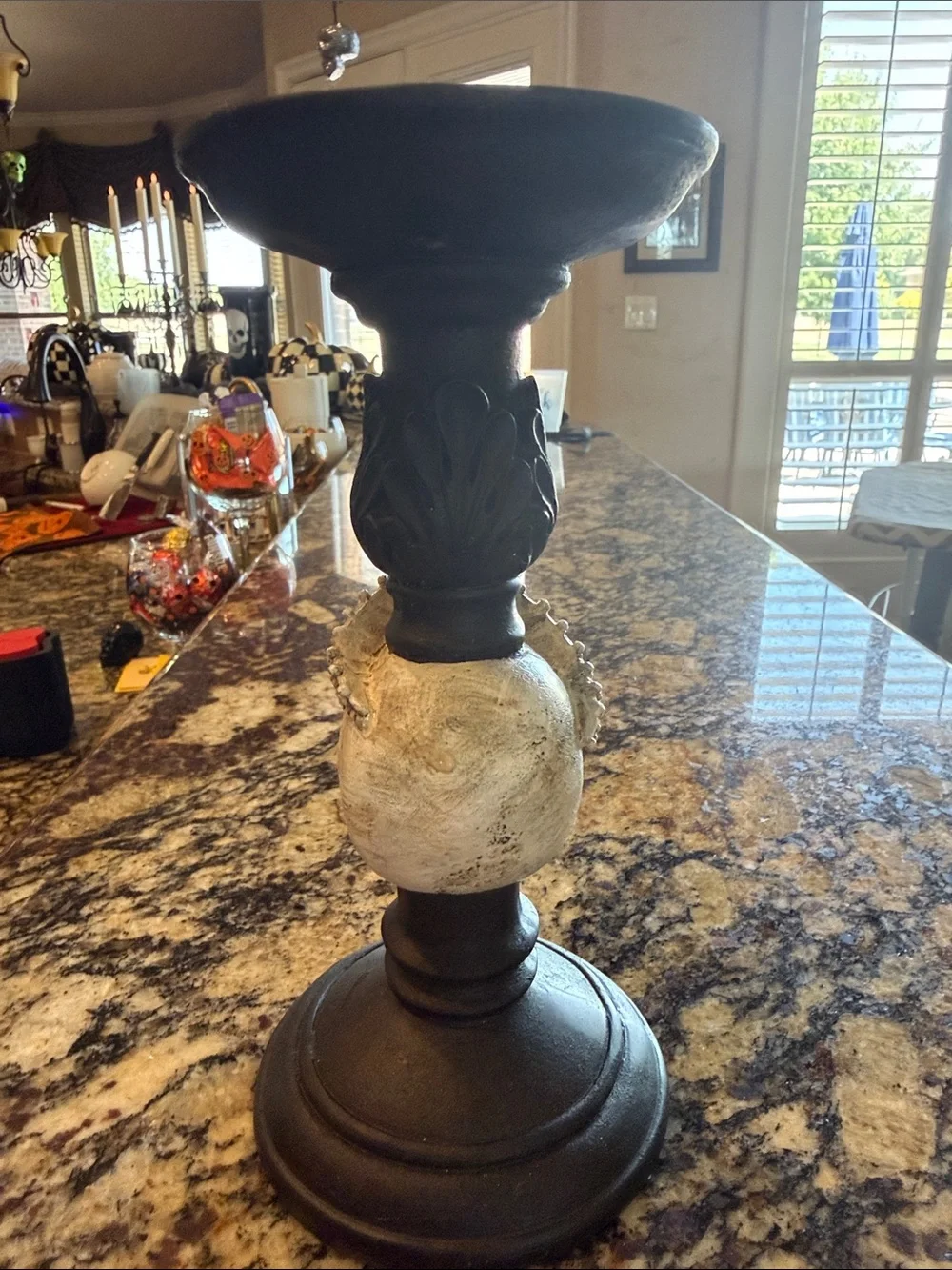 Source Unknown Black and White Skull Candle Holder with Crown Accent